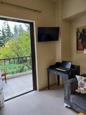 a living room with a laptop on a desk next to a window at Sunny studio near metro in Athens