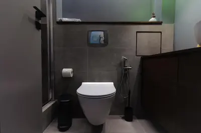 a bathroom with a white toilet and a shower at Livelula apartment in Athens
