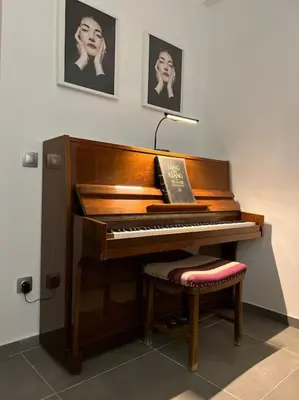 a piano in a room with a chair and a lamp at Piano Quiet Apartment Garden in Athens