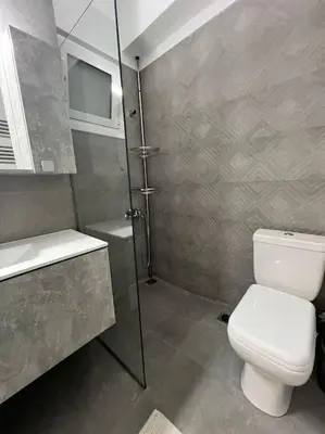 a bathroom with a toilet and a sink and a shower at Piano Quiet Apartment Garden in Athens