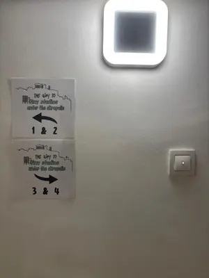 a sign on the wall of a bathroom with arrows at TINY STUDIOS Under the Akropolis -2- in Athens