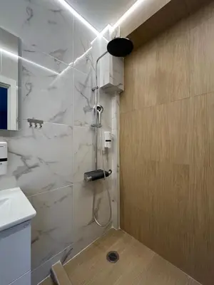 a bathroom with a shower with a sink and a shower at Central Urban Suite by Zeussuites in Athens