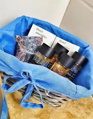 a blue bag filled with honey and other goodies at Noufara in Piraeus