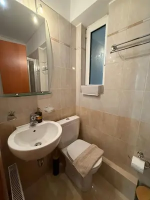 a bathroom with a sink and a toilet and a mirror at Elliniko Luxury Apartment in Athens