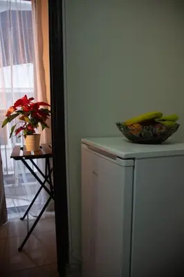 a kitchen with a bowl on top of a refrigerator at Angel - Cozy, renovated, studio in Athens heart in Athens