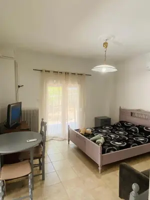 a bedroom with a bed and a desk and a table at Kalamaki Philoxenia in Athens