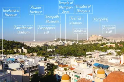 a view of a city with names of buildings at Rooftop studio with Acropolis view just next to Panathenaic Stadium - 280 Athens view in Athens