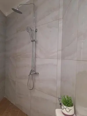a bathroom with a shower with a plant on a toilet at Athens Experience 2 in Athens