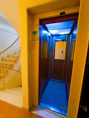 an elevator with a blue door in a building at Peacock in Athens