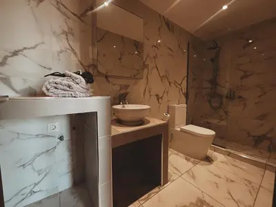 a bathroom with a sink and a shower and a toilet at Cozy Studio in Zografou, close to hospitals in Athens