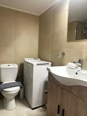 a bathroom with a toilet and a sink at Petralona modern apartment near metro & Acropolis in Athens