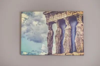 a painting of a temple on a wall at Acropolis Walk Residence by MDK Athens in Athens