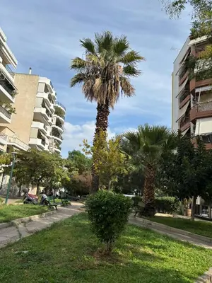 two palm trees in a park next to a building at Filolaou Athens Luxury Apartment by Mystery in Athens