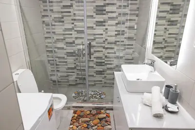 a bathroom with a shower and a toilet and a sink at The Pines apartment in Palaiá Fókaia
