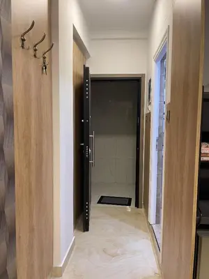 a bathroom with a walk in shower next to a door at Narek luxury Apartment's in Athens
