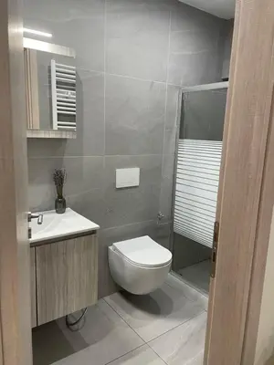 a bathroom with a toilet and a sink and a shower at Byrons Cozy Place in Athens
