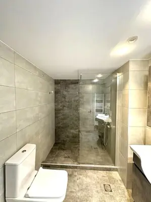 a bathroom with a toilet and a shower and a sink at Tide and Tonic spacious 1bd apartment with extra Loft Style Sleeping Area, Paleo Faliro in Athens