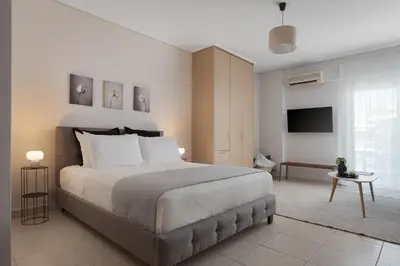 a bedroom with a large bed and a tv at Athenian Comfort Apartments in Athens
