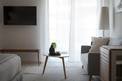 a living room with a couch and a table with a cat on it at Athenian Comfort Apartments in Athens