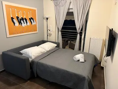 a bedroom with a bed and a window with birds at Athens view penthouse with private parking in Athens