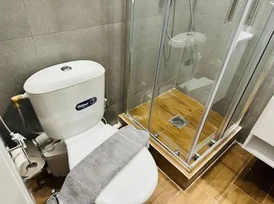 a bathroom with a shower and a toilet with a towel at Blue Suite at Piraeus Port in Piraeus