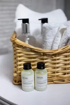 two bottles of soap and a basket of towels at Casa Almera in Athens