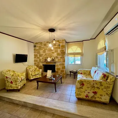 a living room with two couches and a fireplace at Betty s House Porto Rafti in Porto Rafti