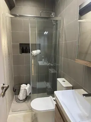 a bathroom with a shower and a toilet and a sink at Estia Athens Apartment in Athens