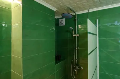 a bathroom with a shower with green tiles at Luxury 2 bed Urban Oasis in the Heart of Athens in Athens