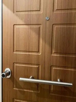a wooden door with a metal handle on it at Veli's Apartment in Athens
