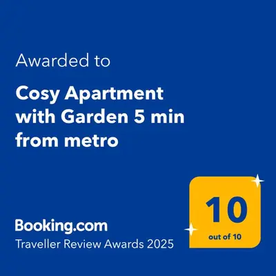 a yellow sign with the text awarded to cozy apartment with garden min from metro at Cosy Apartment with Garden 5 min from metro in Athens