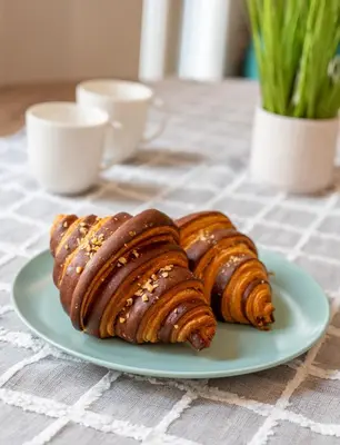 three croissants on a plate on a table at Lighthouse Kipseli in Athens