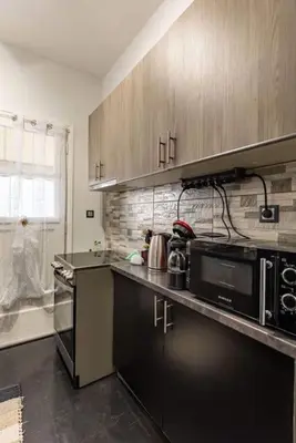 a kitchen with a stove and a microwave at Miromar in Athens