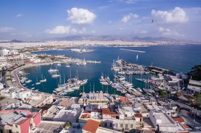 an aerial view of a harbor with boats in the water at Kastella's Amazing Islandic View in Piraeus