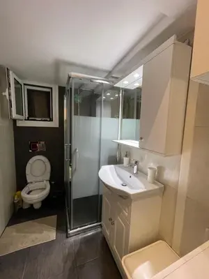 a bathroom with a shower and a sink and a toilet at Bonas House in Athens