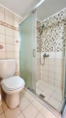 a bathroom with a toilet and a shower at Elegant apartment in Thissio in Athens