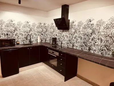 a kitchen with black cabinets and a wall mural at Loft Athens 2 - 55m2 in Athens