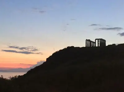 a silhouette of a building on top of a hill at Modern Studio - Terrace & Seaview - Close to Beach in Saronida