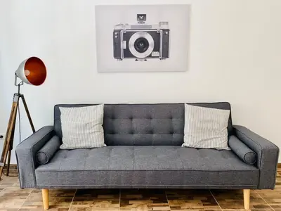 a couch in a living room with a camera on the wall at Koukaki comfortable apartment in Athens