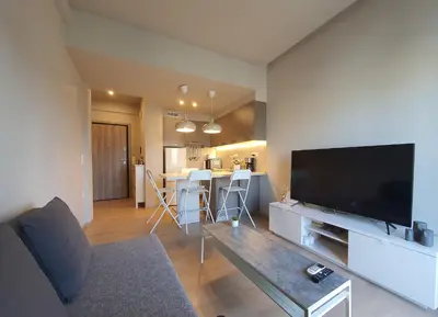 a living room with a large flat screen tv at Keramikos Stylish living in Athens