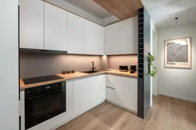 a kitchen with white cabinets and a black appliance at Leocharous 8 Suites in Athens