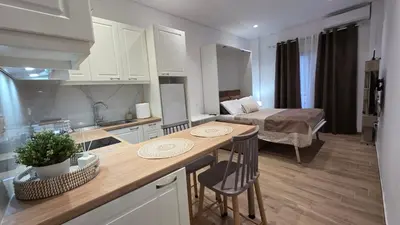 a kitchen and a living room with a bed at Central Lux Lining B in Athens