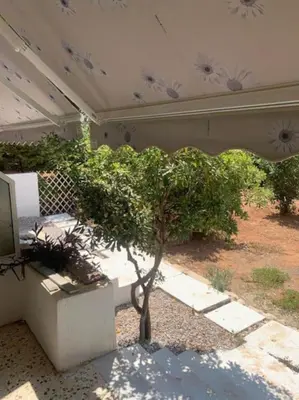 a small tree sitting on a patio with a tv at Comfortably placed near the sea in Saronida