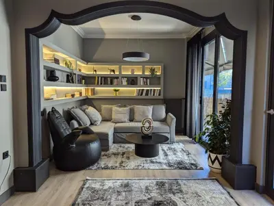 a living room with a couch and a table at Momentum Apartment in Athens