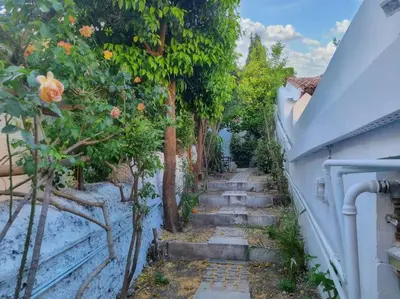 a stairway leading up to a house with trees at Lemon Tree House with garden in Plaka in Athens