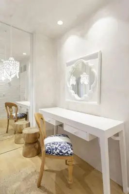 a white desk with a chair and a mirror at Stylish, Quiet & Relaxing, a Hidden Gem near the Acropolis in Athens