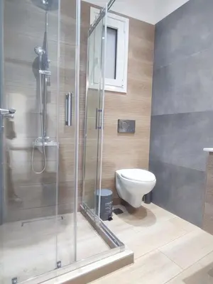 a bathroom with a shower and a toilet at Harmony Twin Lofts Metaxourgeio 1 in Athens