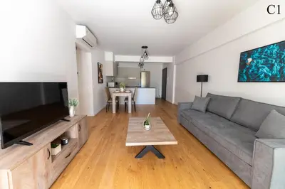 a living room with a couch and a tv at Waylink Residences - Marina Floisvou in Athens