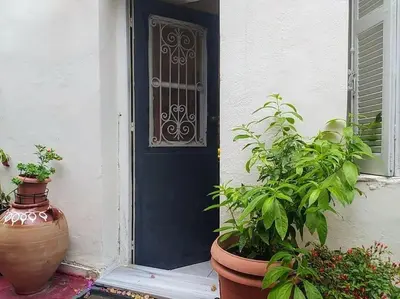 a blue door with plants in front of a house at Charming Stone house, 500 meters to Acropolis in Athens