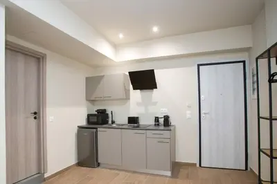 a kitchen with a stove and a counter top at Stoa Luxury Apartment in Athens